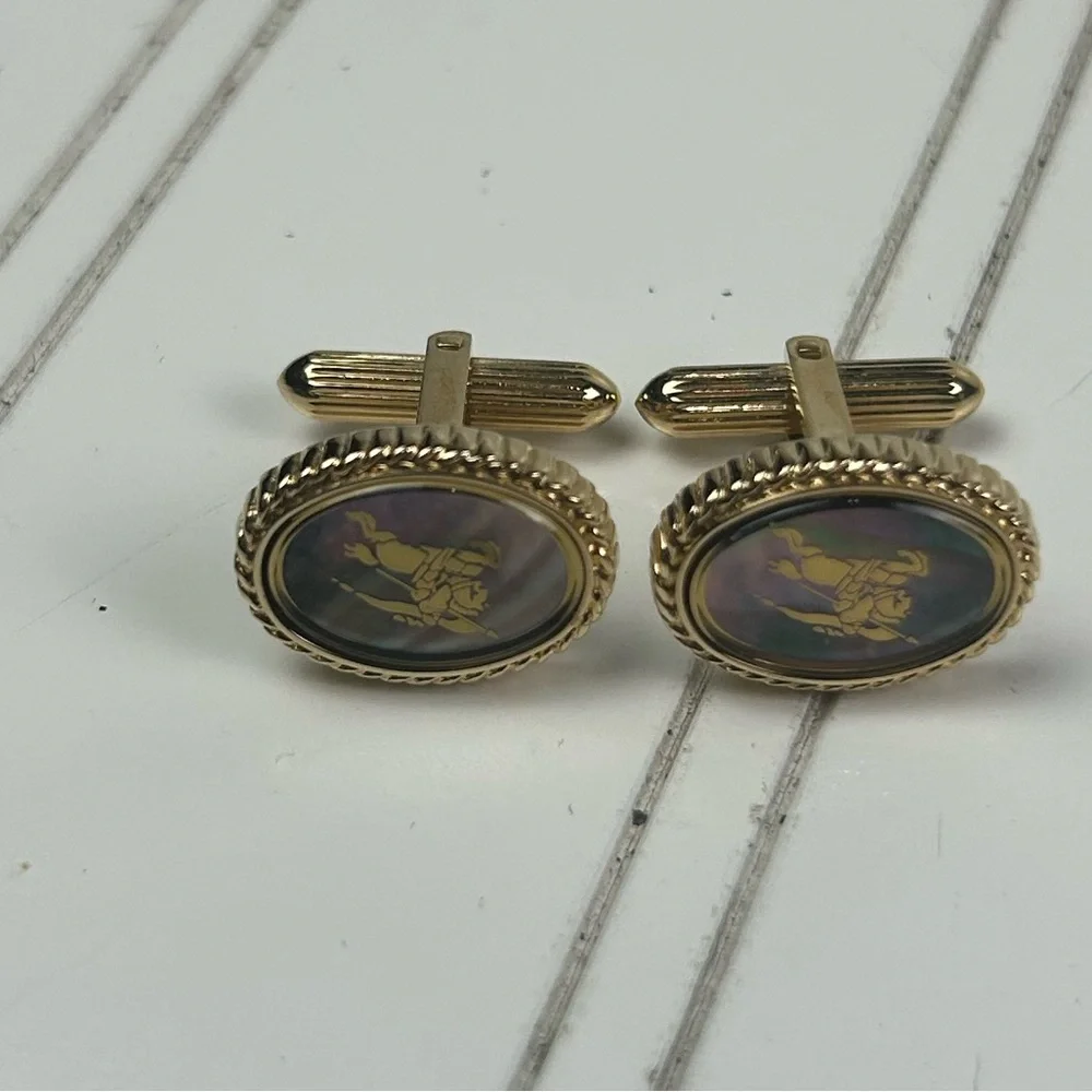 Burberry Vintage Gold Equestrian Cufflinks Knight Logo Oval Rare Designer
